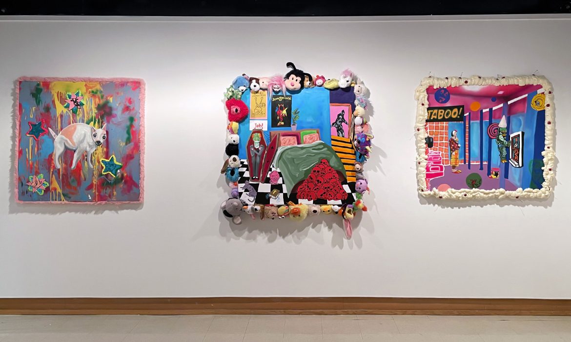 Three colorful paintings with fur, stuffed animals, and faux whipped cream glued to the edges.
